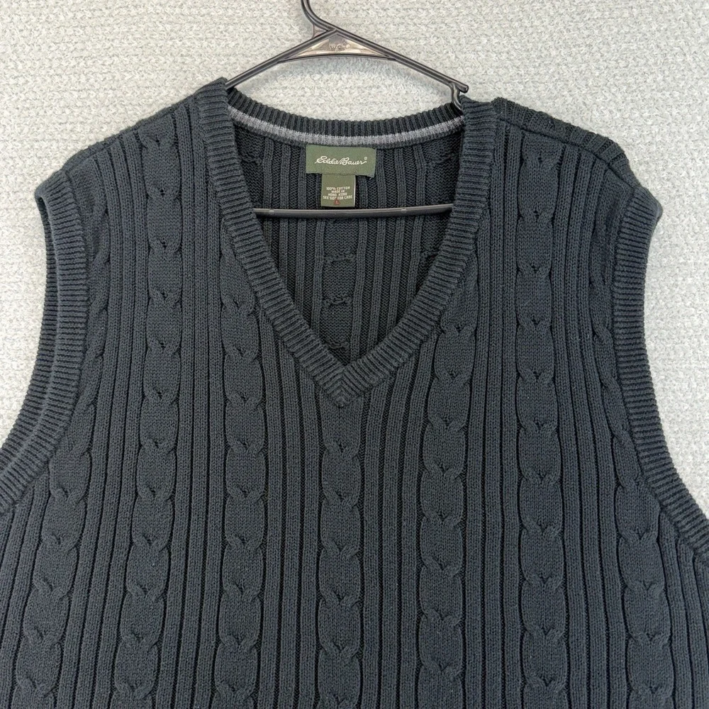 Vintage Eddie Bauer Sweater Vest Mens Large Black Cable Knit V-Neck Preppy‎